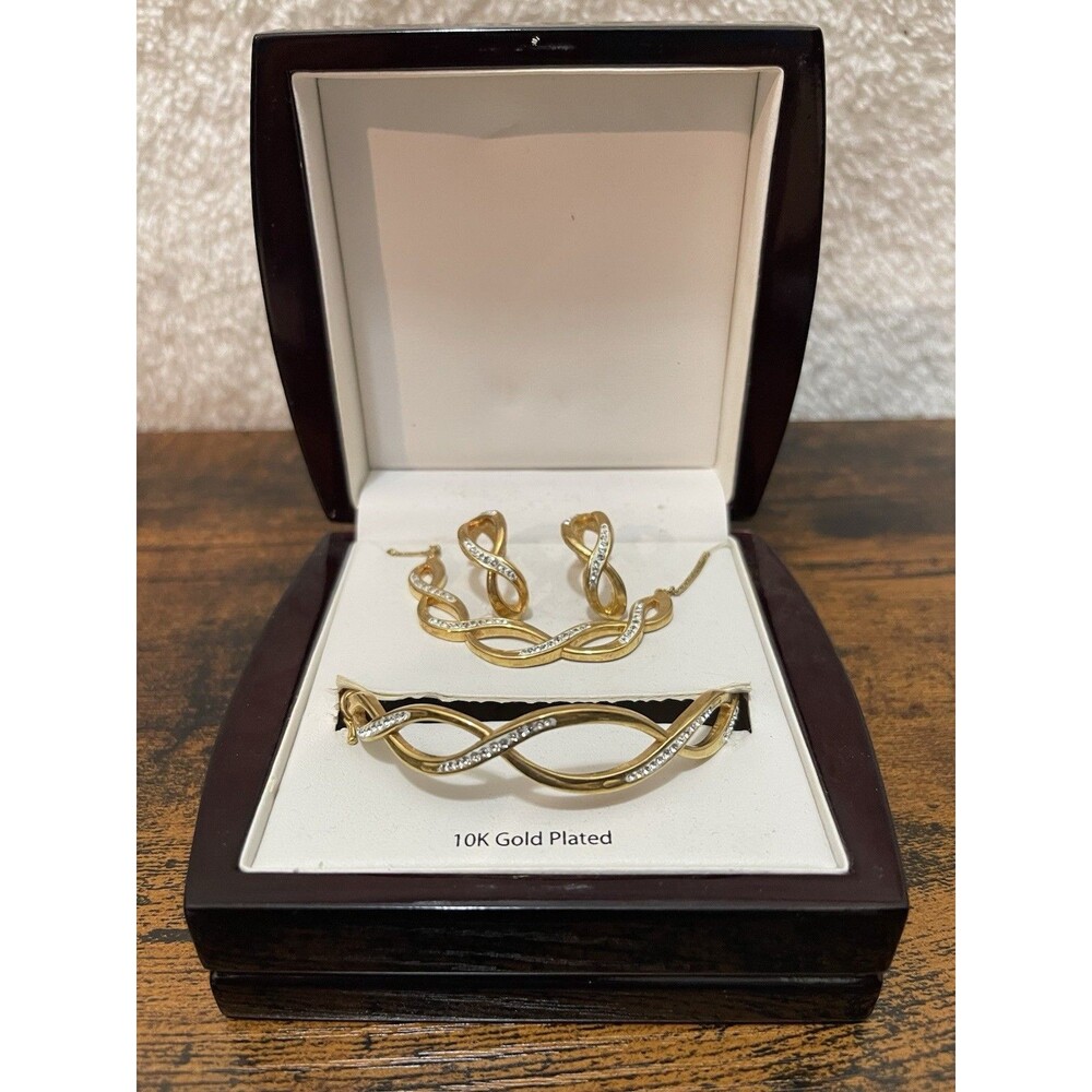 10K GP Gold Plated Jewelery Set Necklace Earrings Bangle Crystal Set Box Y2K NEW - Picture 3 of 16
